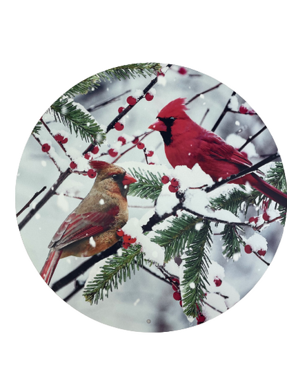 Cardinals On Snowy Branch Metal Round Sign