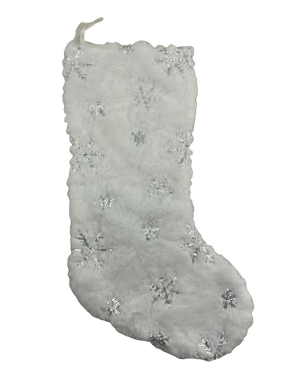 White Faux Fur Stocking With Snowflakes