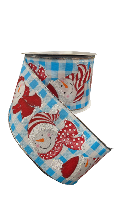 2.5 Inch Ribbon With Blue and White Plaid Background With Cheerful Snowmen