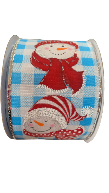 2.5 Inch Ribbon With Blue and White Plaid Background With Cheerful Snowmen