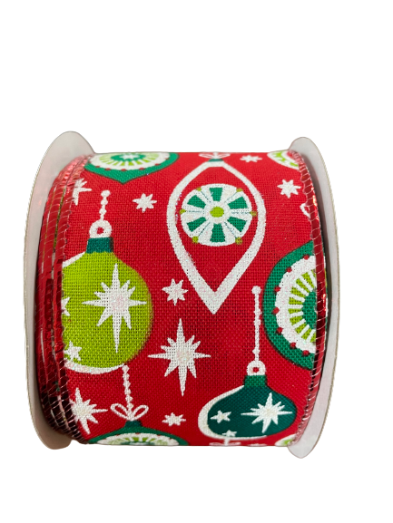 2.5 Inch Ribbon With Red Background And Retro Style Ornaments