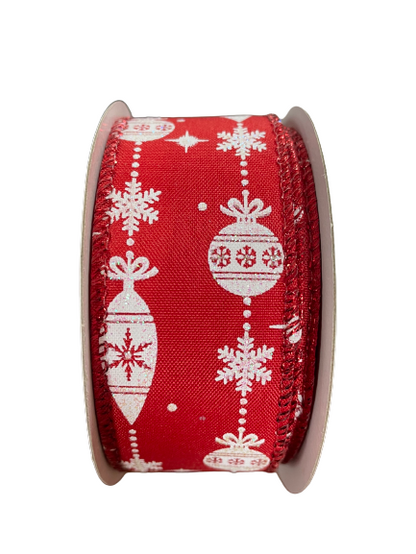 1.5  Inch Ribbon With Red Background With White Glitter Ornaments