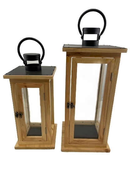 Oak Square with Natural Pine Wood Finish and Metal Top Candle Lantern Set of 2