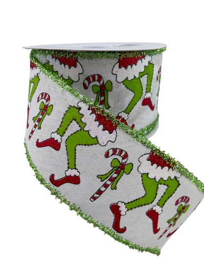 2.5 Inch By 10 Yard Monster Butt Ribbon With Green Tinsel Trim Edge