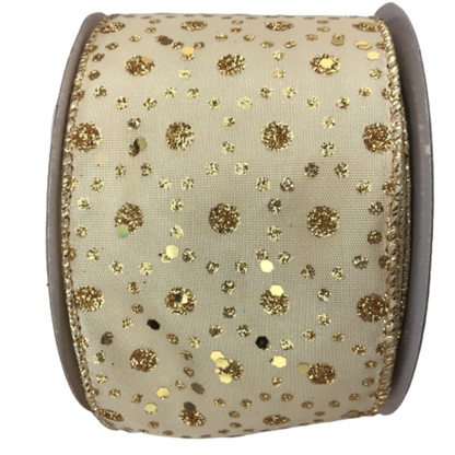Gold Wired Ribbon With Gold Glitter Dots 2.5 Inch