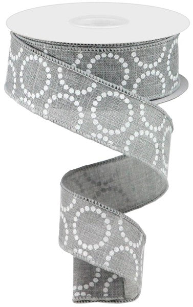 1.5 Inch X 10 Yard Silver Pearl Beads On Gray Background Ribbon