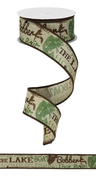 1.5 Inch By 10 Yard Brown And Green Fishing Words Ribbon