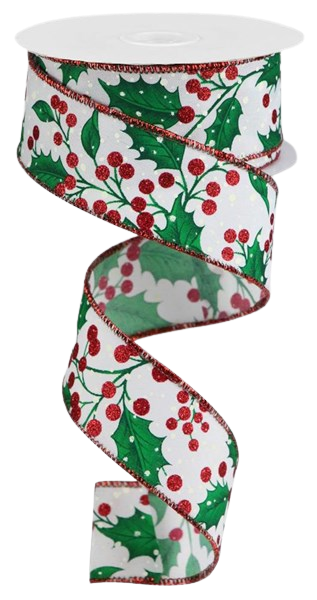 1.5 Inch By 10 Yard Holly Leaves And Berries Ribbon