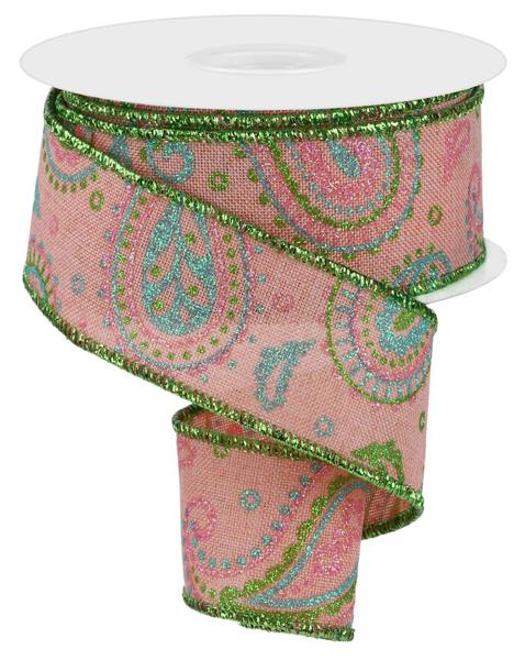 1.5 Inch X 10YD Pink And Green Paisley On Royal