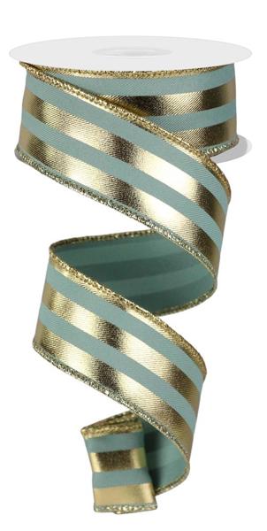 1.5 Inch By 10 Yard Sage Green And Gold Metallic Vertical Stripe Ribbon
