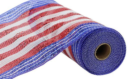 10.25 Inch by 10 Yard Red White And Blue Striped Metallic Netting