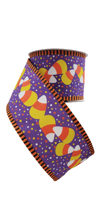 2.5 Inch Candy Corn And Polka Dots On Purple Ribbon
