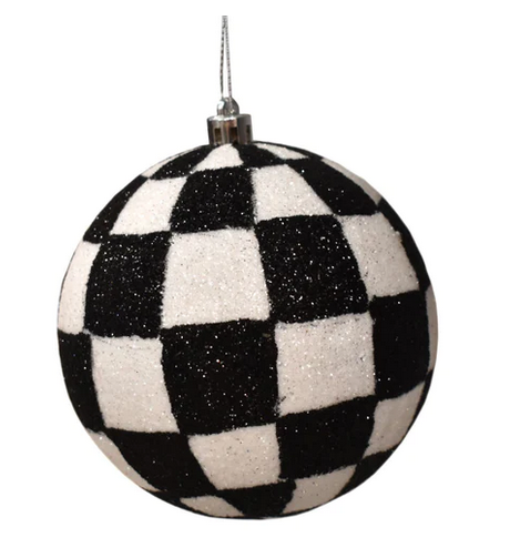 Black White Checkered Glitter Ball Ornament