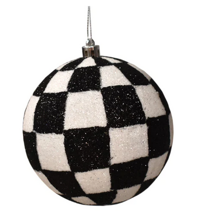 6 Inch Black White Checkered Glitter Ball Ornament