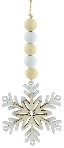 8 Inch Natural And White Wood Bead Snowflake Ornament