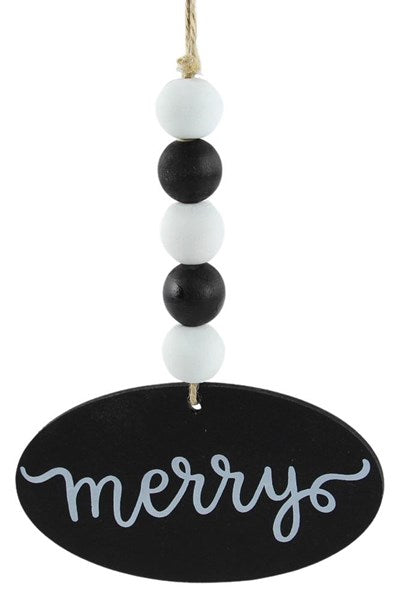 6.5 Inch Black And White Merry Beaded Oval Ornament
