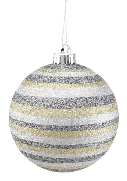 Pewter Silver Gold Horitonzal Striped Ball Ornament