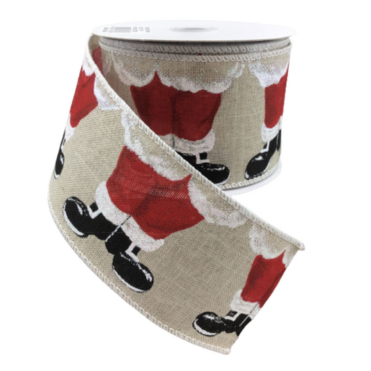 Santa Legs on Natural Wired 2.5 Inch Ribbon