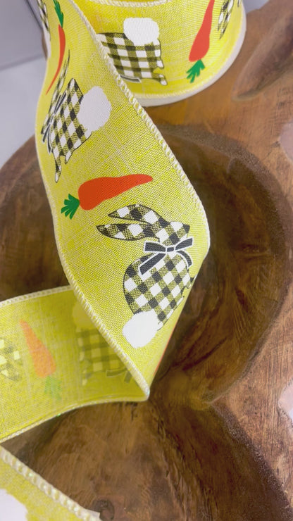 2.5 In x 10 Yard Yellow Black And White Check Bunnies and Carrots Ribbon