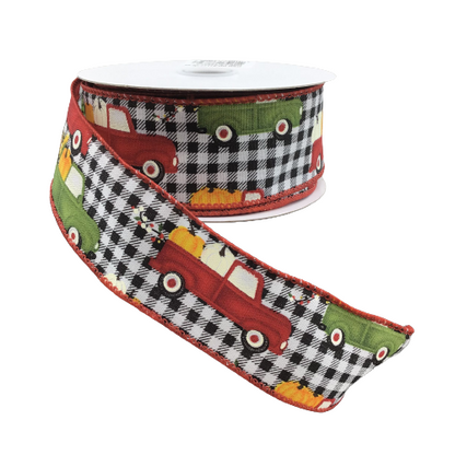 1.5 Inch Ribbon With Black And white Buffalo Plaid With Red Truck And Pumpkins