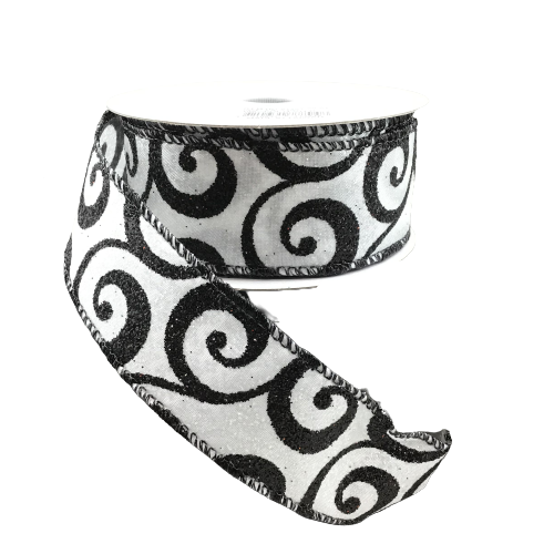 1.5 Inch By 10 Yard White Glitter Ribbon With Black Glitter Swirls