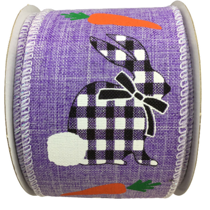 2.5 In x 10 Yard Lavender Black And White Check Bunnies and Carrots Ribbon