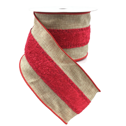 4 Inch Burlap Ribbon With Plush Red Middle