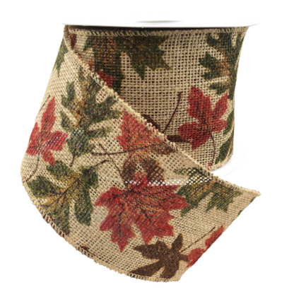Burlap Leaves On Natural 4 Inch Wired Ribbon