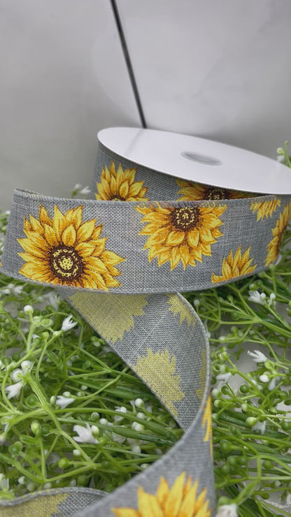 1.5 Inch Gray With Sunflowers Ribbon