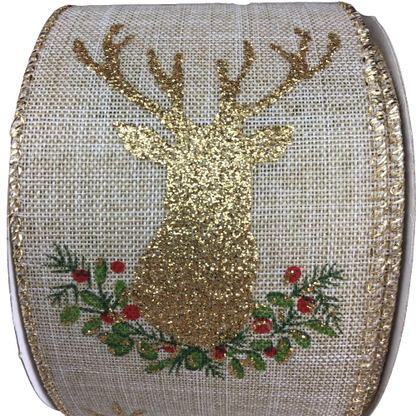 Gold Glittered Reindeer Head On Natural Wired Ribbon