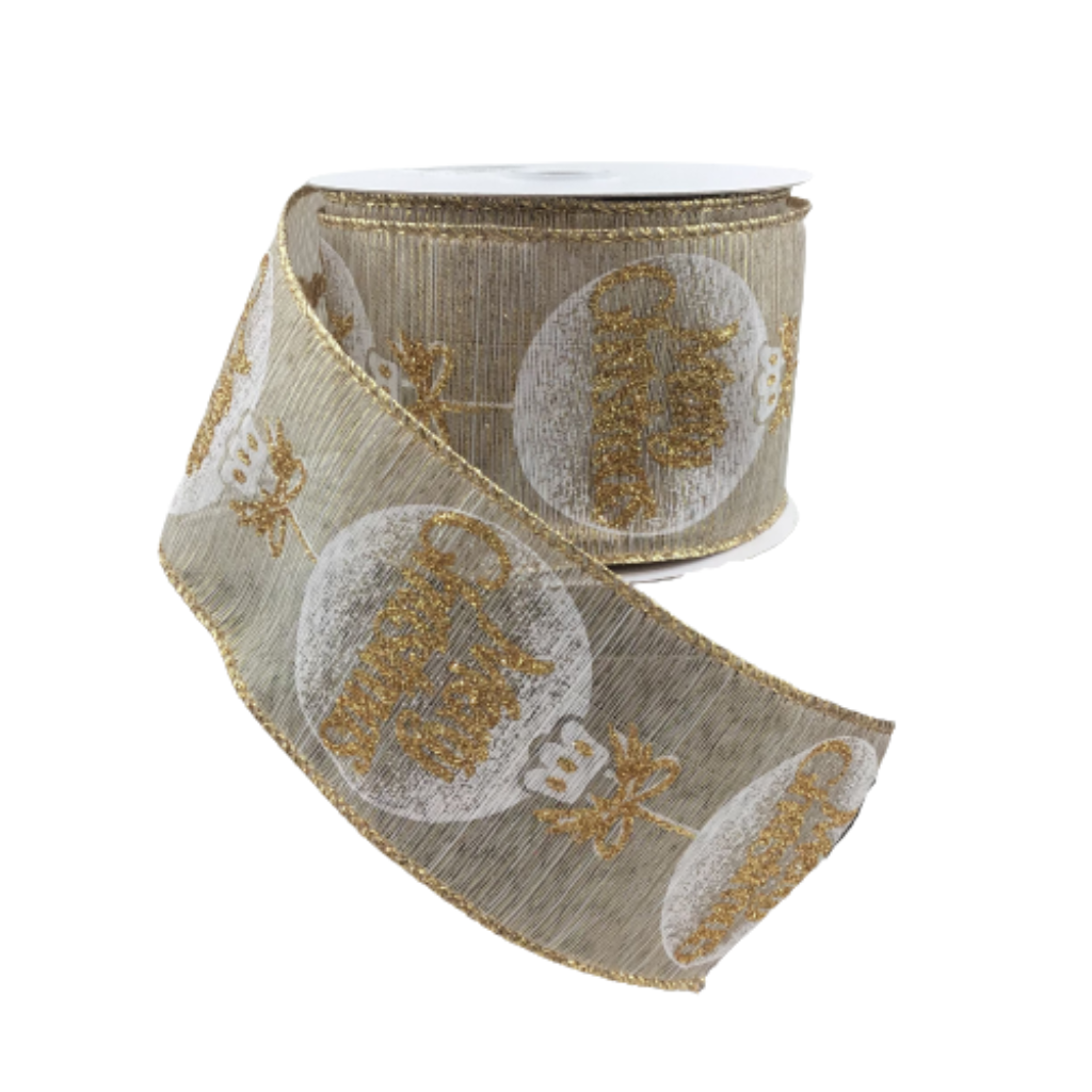 Sheer Gold Wired Ribbon With Merry Christmas On White Ornament