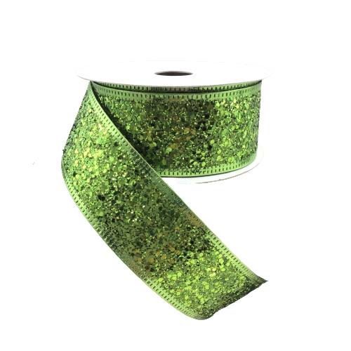 1.5 Inch Lime Glittered Wired Ribbon