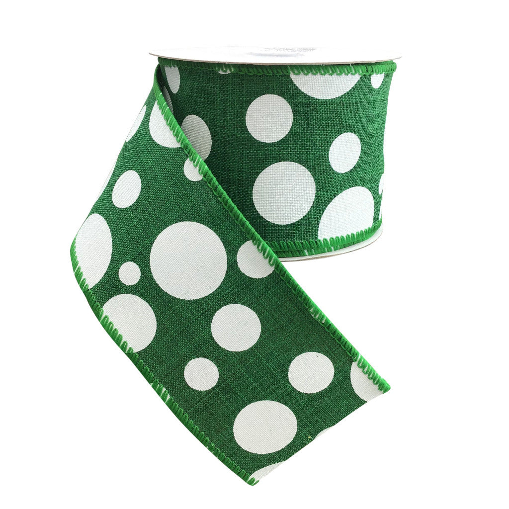 Emerald Green Linen With Big White Dots
