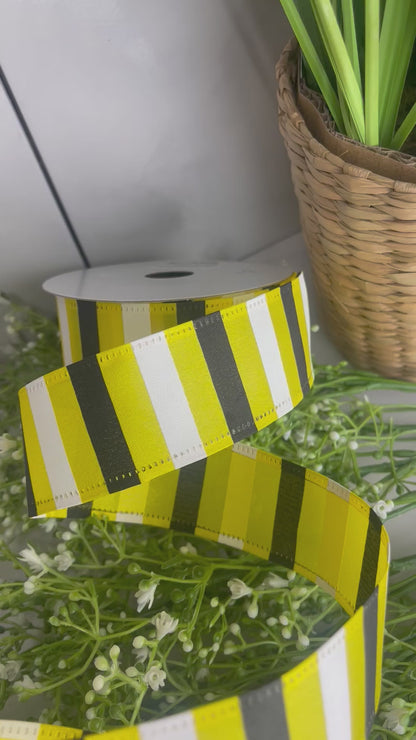 1.5 Inch By 10 Yards Yellow Satin With Black And White Horizontal Stripes Ribbon