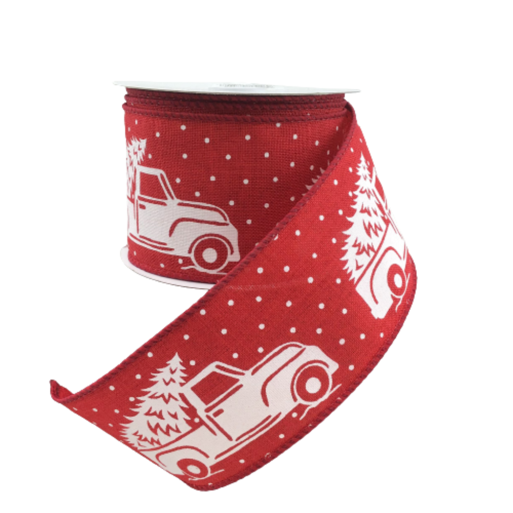 Red Wired Ribbon With White Vintage Truck With Tree