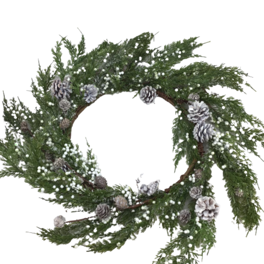 Frosty Cedar Wreath With Pinecones & Berries