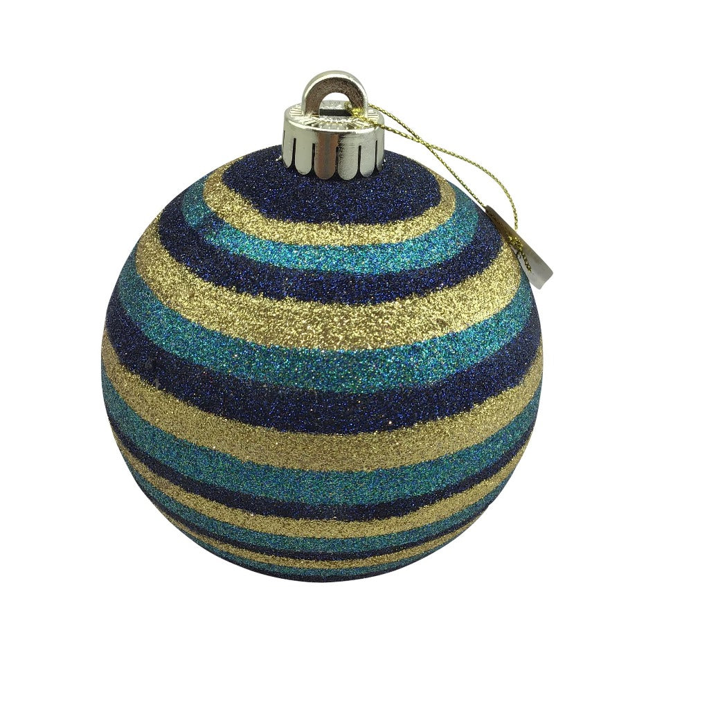 Horizontal Glitter Gold and Blue Stripe Ball Ornament