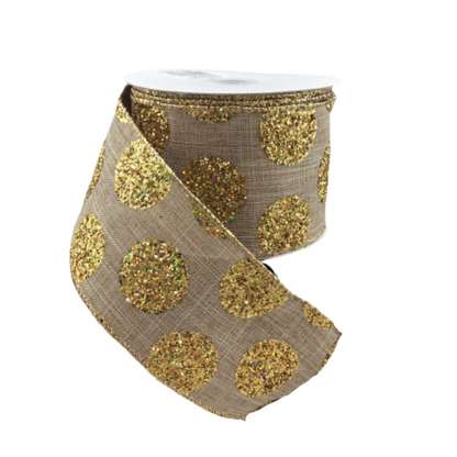 Natural Wired Ribbon With Large Gold Glittered Dots