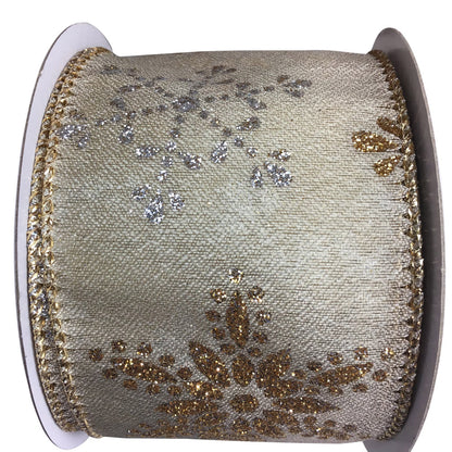 Gold Wired Ribbon With Gold And Silver Snowflakes