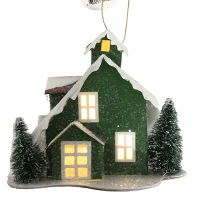 4.5 Inch Snow Pine Village Vintage Style Light Up House Ornament- 2 Assorted