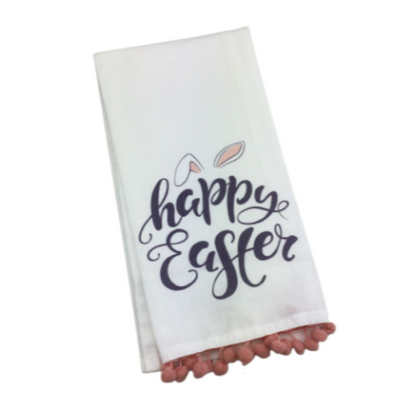 Happy Easter Script Hand Towel White Gray Pink