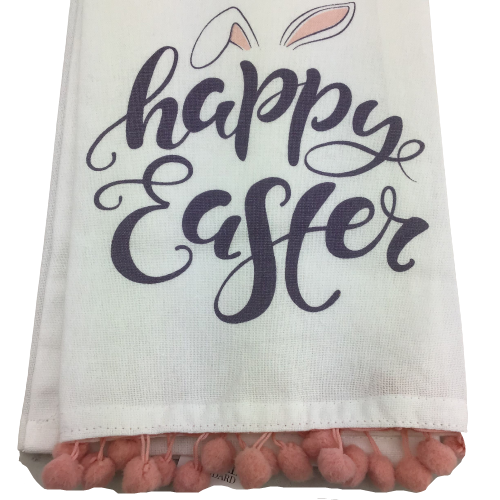 Happy Easter Script Hand Towel White Gray Pink