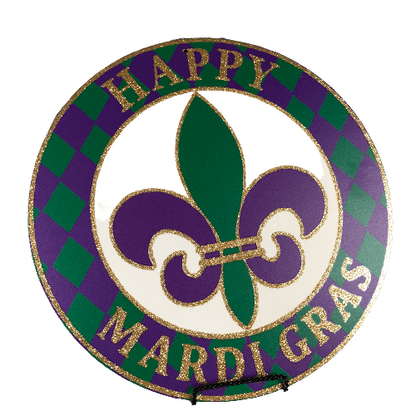 12 Inch Round Metal "Happy Mardi Gras" Sign with Glitter