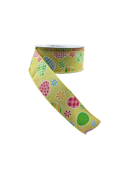1.5 Inch X 10YD Check Plaid Easter Eggs And Daisy Ribbon