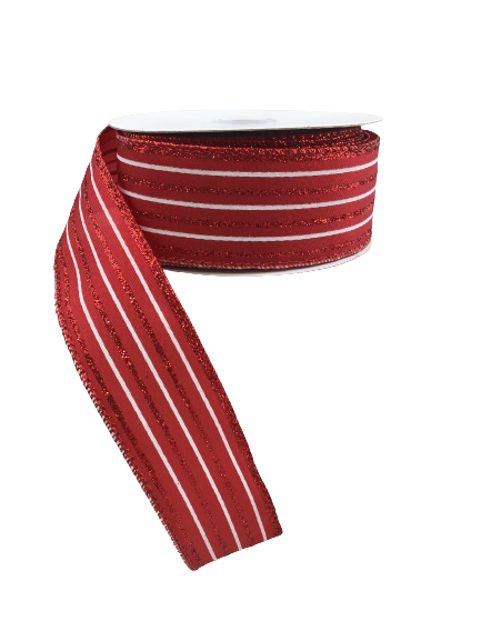 1.5 Inch Red White Glitter Striped Ribbon