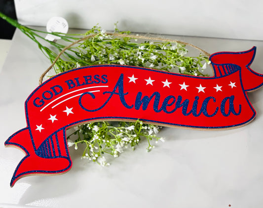 God Bless America Glitter Wood Banner Sign