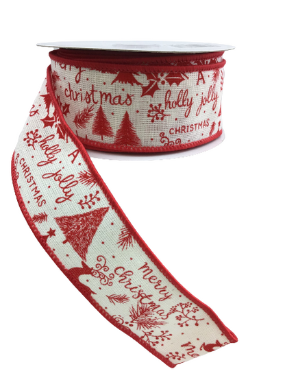 1.5 Inch Ivory With Red Script Reindeer Trees Mistletoe Accents