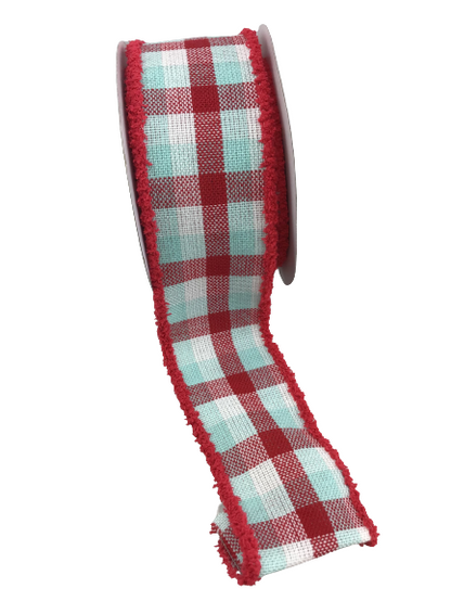 2.5 Inch Red Ice Blue Woven Check Ribbon