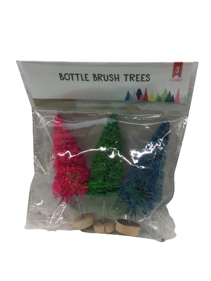 4 Inch 3 Count Bottle Brush Trees Bright Colors Pink Green Blue