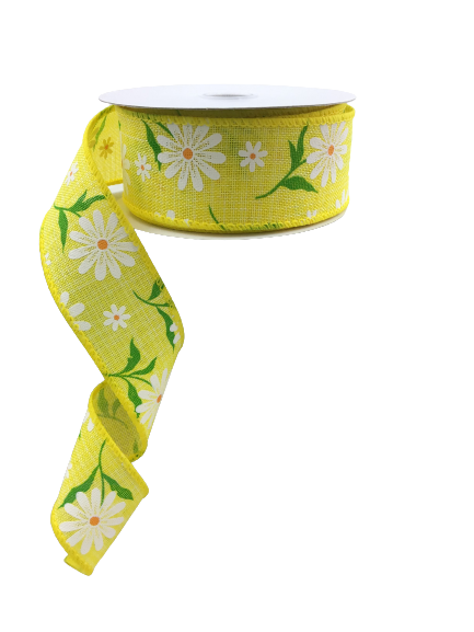 1.5 Inch Yellow With White Daisies Ribbon